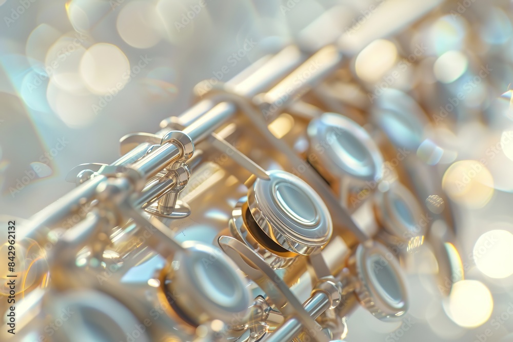 Fototapeta premium Close-up of a brass trumpet valves with bokeh lights.
