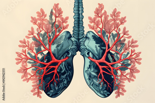vintage style illustrated lungs, lung brathing mmedical lung illustration, human lung illustrated photo