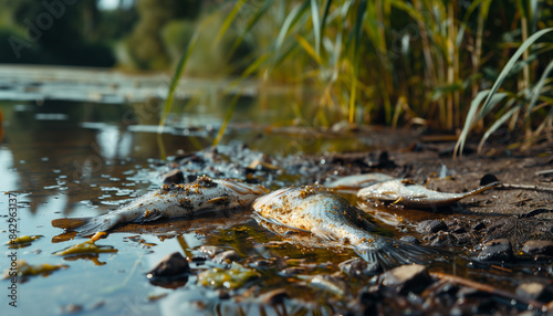 Dead fish on the bank of a contaminated river