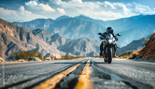 Motorcyclist riding on a mountain road