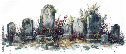 Historic gravestones, watercolor illustration, soft and muted tones, flowers and grass growing around, intricate details, serene white background 8K , high-resolution, ultra HD,up32K HD