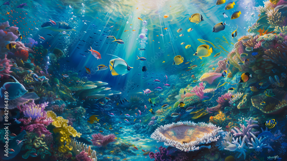 Fototapeta premium A beautiful underwater scene with a variety of fish swimming in the water. The sun is shining brightly, creating a warm and inviting atmosphere. The fish are of different colors and sizes