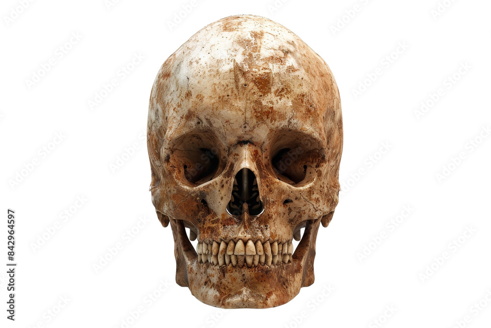 Detailed close-up of an ancient, weathered human skull isolated on a transparent background. Perfect for themes of mortality, archaeology, and history. Detailed close-up of an ancient, weathered human skull isolated on a transparent background. Perfect for themes of mortality, archaeology, and history.