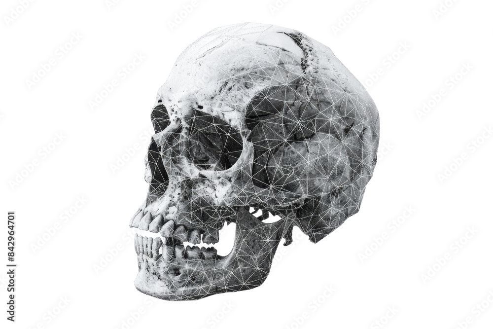 3D rendered human skull with geometric wireframe overlay. High-resolution illustration for medical, scientific, and educational purposes. 3D rendered human skull with geometric wireframe overlay. High-resolution illustration for medical, scientific, and educational purposes.