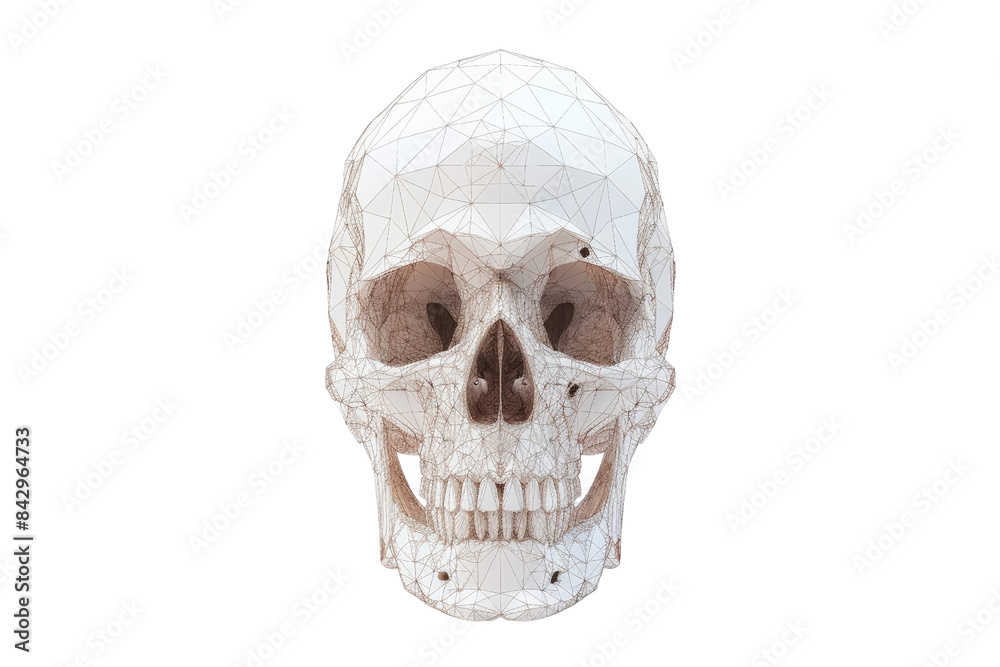 3D rendering of a human skull model, isolated on a transparent background. Modern geometric polygon design, perfect for medical or educational use.