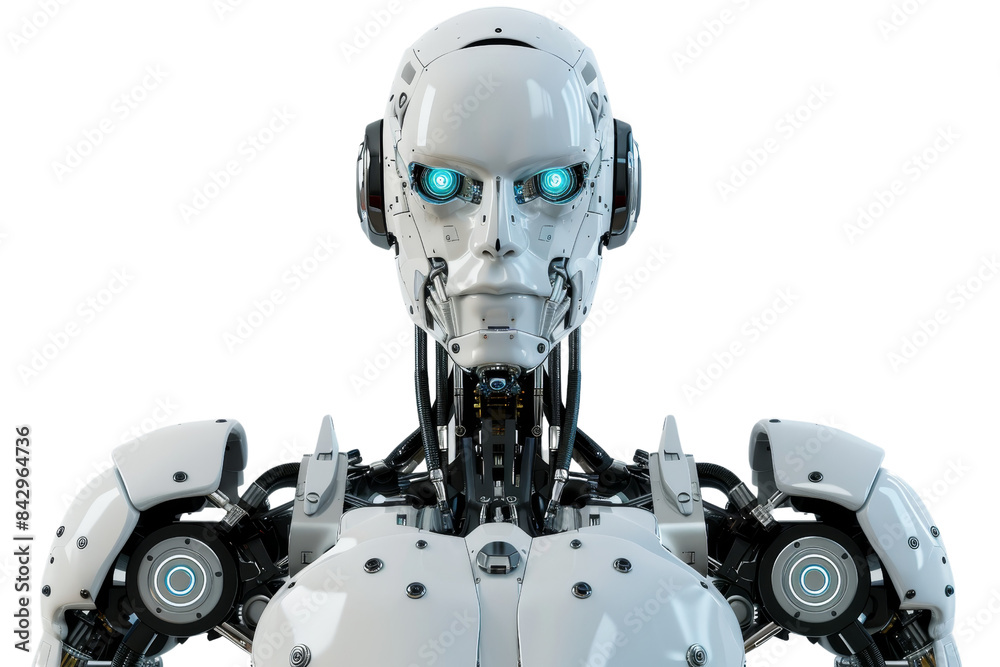 Futuristic humanoid robot with glowing blue eyes, showcasing advanced technology and artificial intelligence. Futuristic humanoid robot with glowing blue eyes, showcasing advanced technology and artificial intelligence.