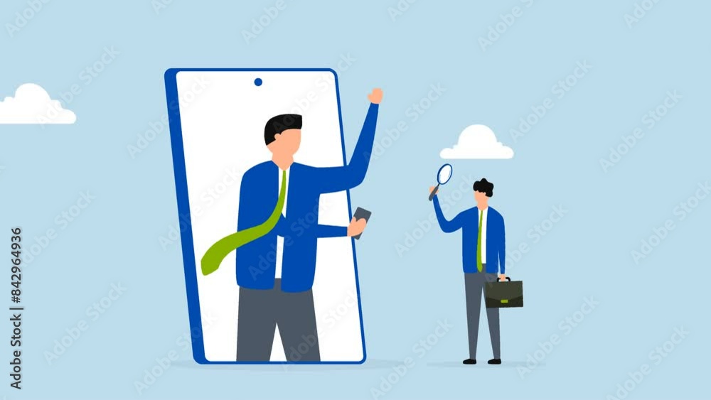KYC, Know your customer process to identify user in online banking, 4k animation of businessman using magnifying glass to analyze and identify user in smartphone application. KYC, Know your customer process to identify user in online banking, 4k animation of businessman using magnifying glass to analyze and identify user in smartphone application.