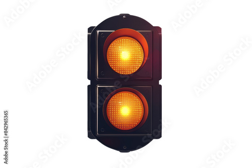 Close-up of a yellow traffic light on dark background. Clear signal for caution in urban settings. Ideal for transport or urban designs. photo