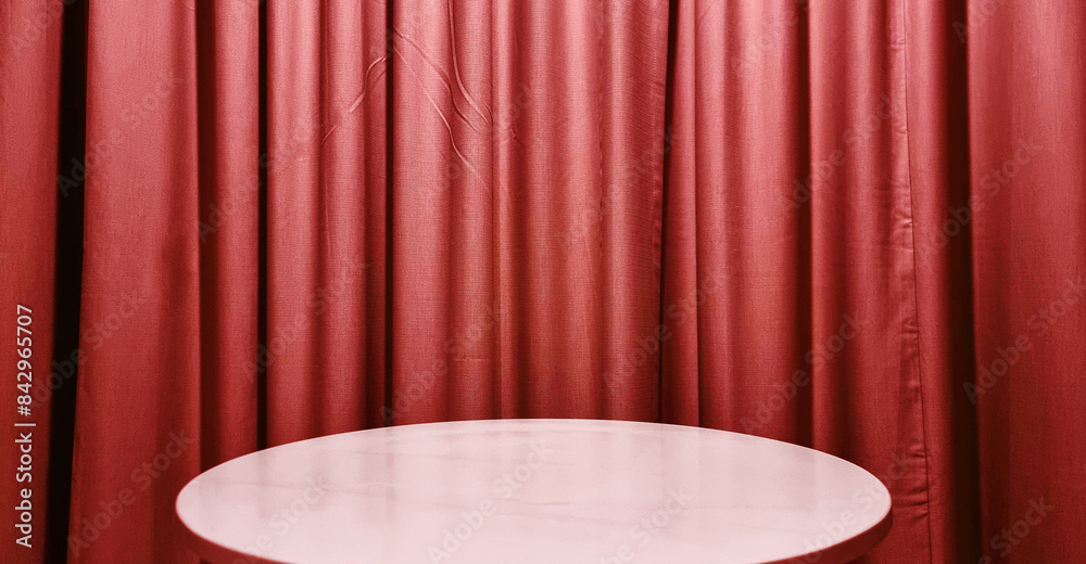 real empty round marble table with red curtain background used for premium, luxury, deluxe concept. podium under spot light for with red wavy drapery in background. real empty round marble table with red curtain background used for premium, luxury, deluxe concept. podium under spot light for with red wavy drapery in background.