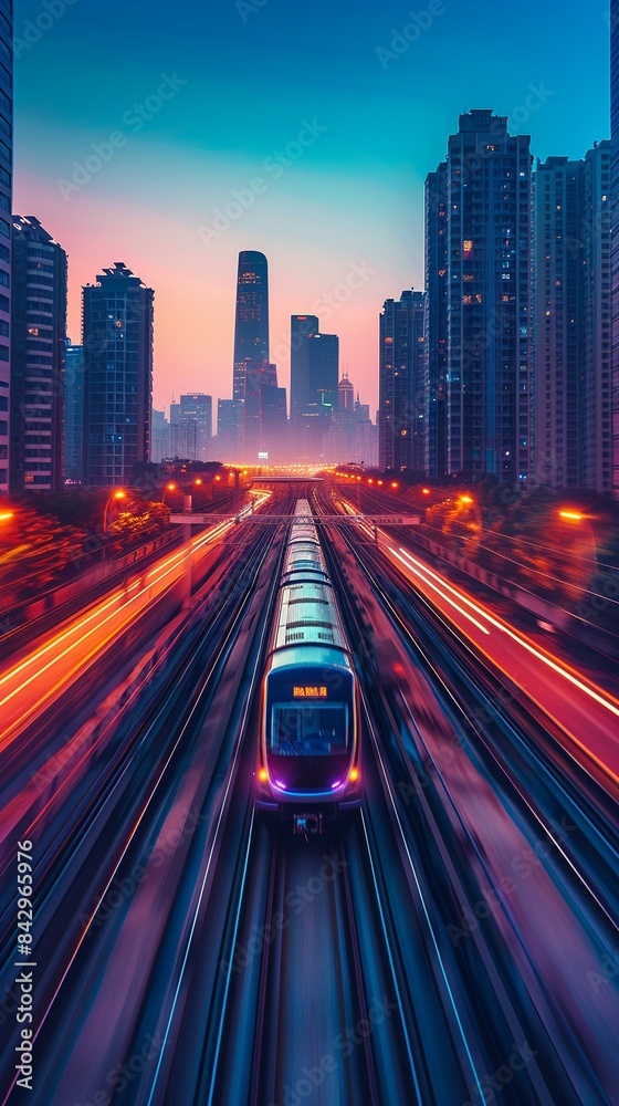 Obraz premium City with highspeed trains, sunrise, digital network lines, tall buildings, motion blur, futuristic atmosphere, vibrant hues 8K , high-resolution, ultra HD,up32K HD