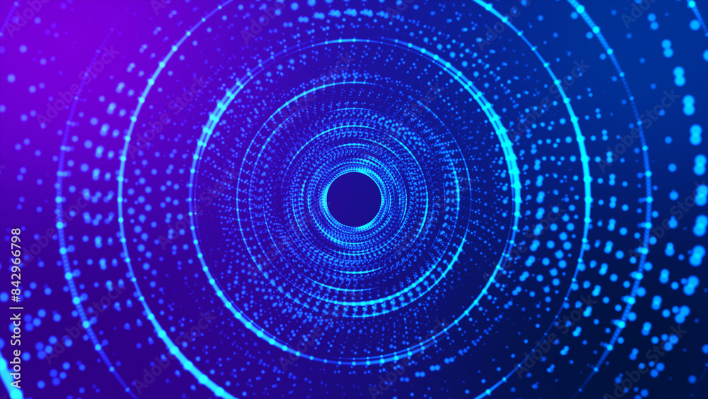 Digital light tunnel, Abstract dynamic wireframe tunnel on purple background. Futuristic 3D portal. Futuristic particle flow. Digital light tunnel, Abstract dynamic wireframe tunnel on purple background. Futuristic 3D portal. Futuristic particle flow.