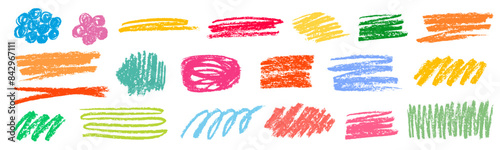 Colorful doodle elements in childish style isolated on white background. Set of hand drawn scribble different forms. Rough crayon color strokes. Collection of vector grunge doodle illustration