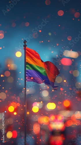 Rainbow flag with city bokeh, bright lights, evening setting, pride theme, colorful and lively, blurred background 8K , high-resolution, ultra HD,up32K HD photo