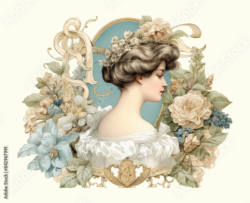 Vintage fashion lady with flowers vector frames decoration, retro illustration