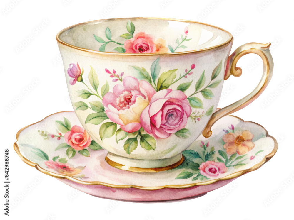 Fototapeta premium Floral teacup with saucer, featuring a delicate watercolor illustration of flowers and leaves, isolated on transparent background, png.