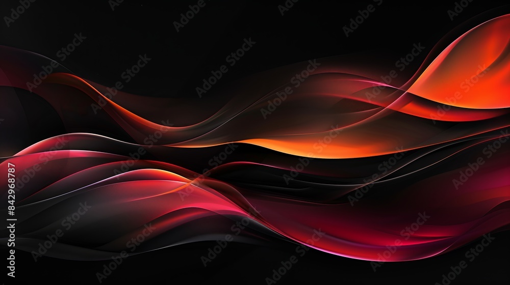 Fototapeta premium An abstract background with curved shapes, red and orange gradient on a black background.