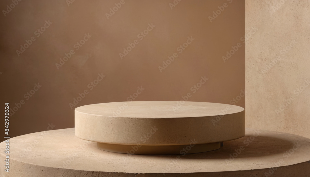 A circular concrete platform sits on top of another larger platform, in front of a tan wall A circular concrete platform sits on top of another larger platform, in front of a tan wall