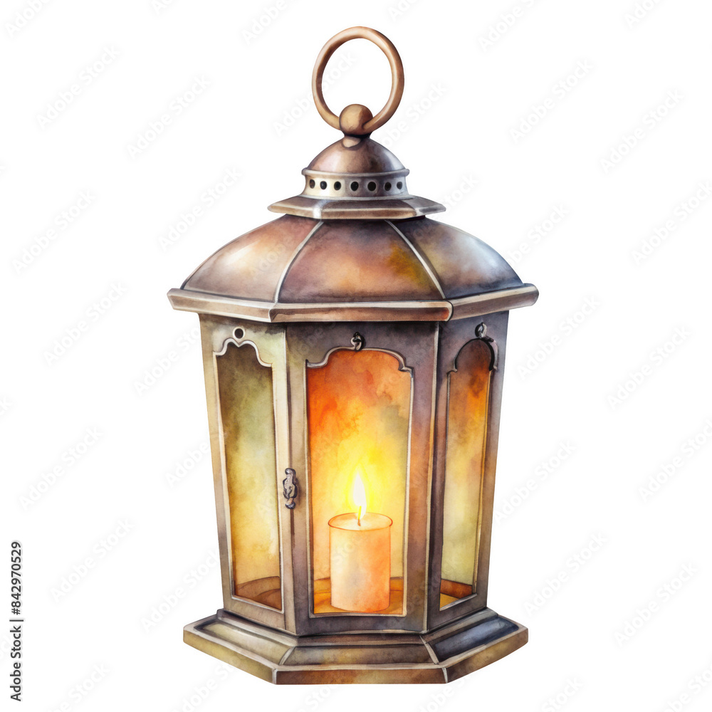 Watercolor Antique Lantern With Candle Lit Inside, Creating a Warm Glow. Isolated on Transparent Background, PNG Watercolor Antique Lantern With Candle Lit Inside, Creating a Warm Glow. Isolated on Transparent Background, PNG