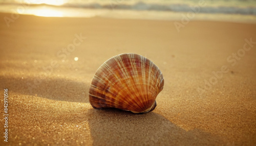 A lone seashell rests on a sandy beach as the sun sets behind the horizon