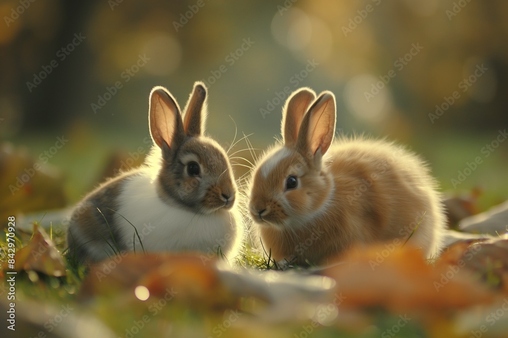 Obraz premium Two cute rabbits hugging in the middle of an empty field, with a warm background and beige tones. There is a natural light bokeh effect and natural lighting, and the overall mood is happy and joyful.