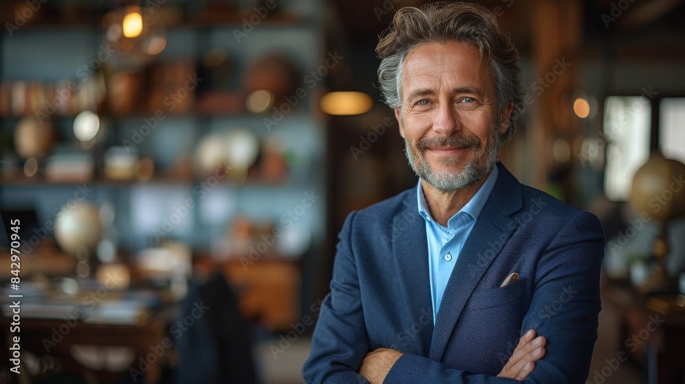 A portrait of a handsome mature man with gray hair and a beard, wearing a blue blazer with arms crossed A portrait of a handsome mature man with gray hair and a beard, wearing a blue blazer with arms crossed
