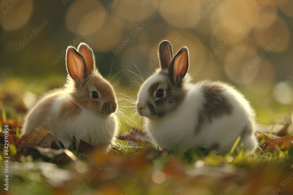 Obraz premium Two cute rabbits hugging in the middle of an empty field, with a warm background and beige tones. There is a natural light bokeh effect and natural lighting, and the overall mood is happy and joyful.