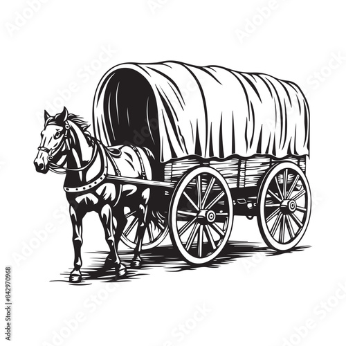 Wooden covered wagon with horse image vector  isolated on white