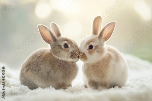 Two cute rabbits hugging in the middle of an empty field, with a warm background and beige tones. There is a natural light bokeh effect and natural lighting, and the overall mood is happy and joyful.