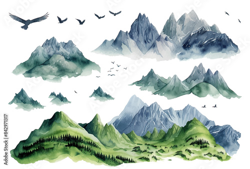 Abstract blue mountain landscape watercolor background. Nature mountain view wallpaper, beautiful hill painting, natural forest mountain view graphic. Vector illustration
