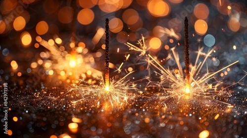 Several sparklers burn brightly, scattering sparks on a dark background with bokeh lights © svastix