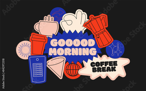 Cafe stickers. Collection of various patches, tags, sticker and stamps, trendy promo labels. Vector set	