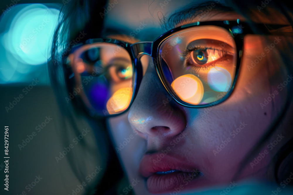 A woman in glasses, with serene expression, in a closeup nighttime bokeh setting A woman in glasses, with serene expression, in a closeup nighttime bokeh setting