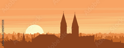 Brown panoramic poster of the city skyline with misty background buildings, sunrise, clouds and mountains of BREMEN, GERMANY