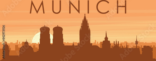 Brown panoramic poster of the city skyline with misty background buildings, sunrise, clouds and mountains of MUNICH, GERMANY