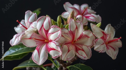Flowering adenium species with white and red patterned blooms