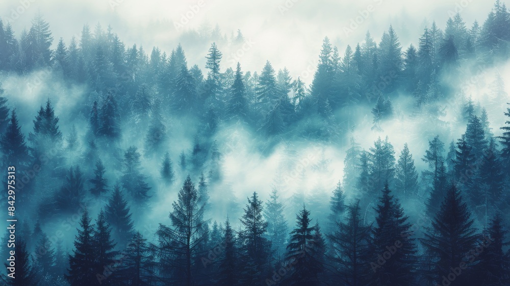A serene image capturing the tranquil beauty of a forest with mist weaving through the layers of pine trees A serene image capturing the tranquil beauty of a forest with mist weaving through the layers of pine trees