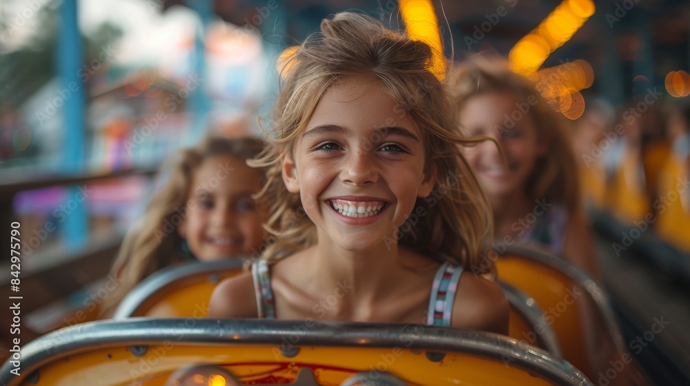 Excited children on carousel ride at dusk, with focus on a beaming girl with a captivating smile Excited children on carousel ride at dusk, with focus on a beaming girl with a captivating smile
