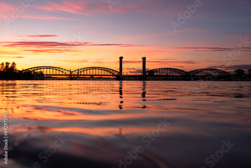 Finnish railway bridge at sunset. Saint Petersburg. Russia