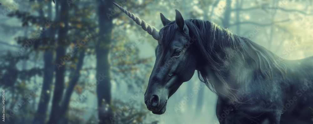 Black unicorn horse standing in a mystical foggy forest Black unicorn horse standing in a mystical foggy forest
