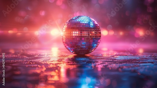 Purple and blue tones bathe a disco ball in ethereal light on a watery shimmering surface