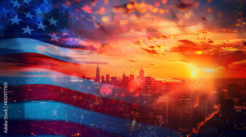An American flag flutters over the city skyline at sunset.
