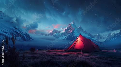 Mountain landscape with illuminated tent