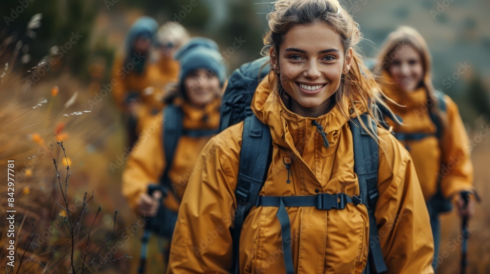 A group of smiling hikers with backpacks walking in nature, dressed in yellow jackets A group of smiling hikers with backpacks walking in nature, dressed in yellow jackets