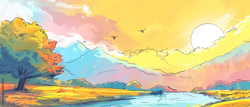 A blend of smooth lines and vibrant colors forming a serene landscape A blend of smooth lines and vibrant colors forming a serene landscape