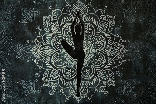yoga pose on a black background with ornate design photo