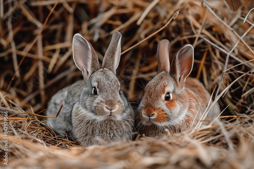 Portrait photo of two rabbits sitting in hay, looking at the camera. There is a shallow depth of field, natural light, and a soft focus.