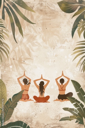 three women doing yoga in the jungle photo