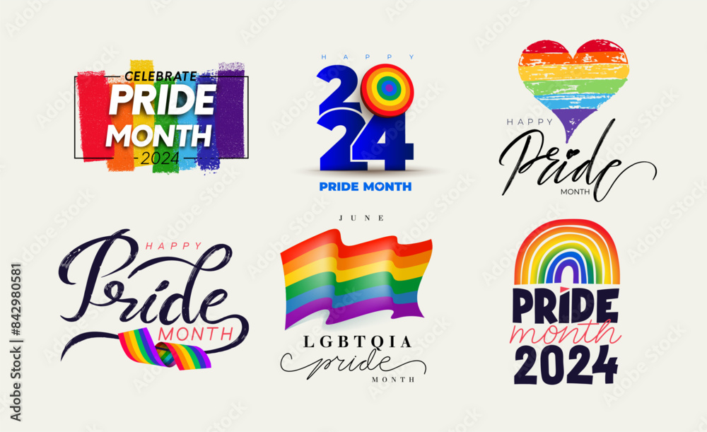 Big set of Celebrate Pride Month 2024 Label. Collection of poster, card, template Celebrating Pride Month logo with brush color. Vector illustration. 2024 Happy text with flag illustration design. Big set of Celebrate Pride Month 2024 Label. Collection of poster, card, template Celebrating Pride Month logo with brush color. Vector illustration. 2024 Happy text with flag illustration design.