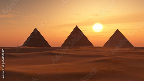 Pyramids at sunset in the sandy desert, 3D rendering