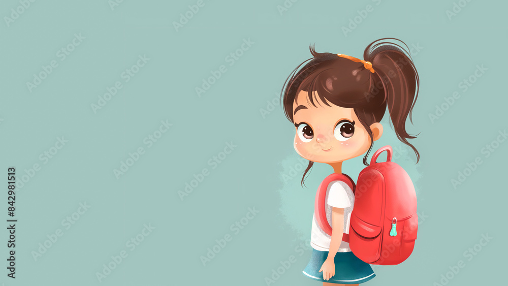 Cute little girl with a school backpack. Schoolgirl in cartoon style. Illustration with copy space. Back to school. Cute little girl with a school backpack. Schoolgirl in cartoon style. Illustration with copy space. Back to school.